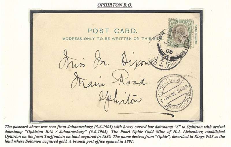 Transvaal: Johannesburg sub-offices: OPHIRTON B. O. on historic MAJUBA memorial card. See below.