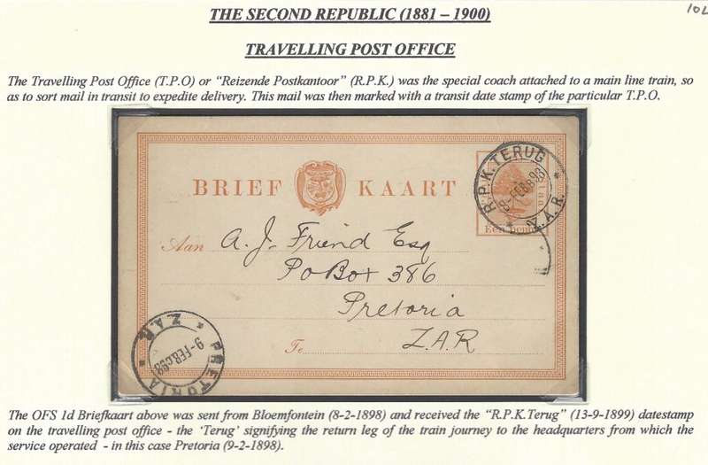 OFS/Transvaal: Travelling Post Office: "R.P.K. TERUG". See below.