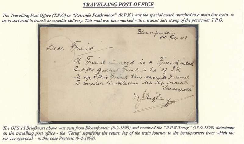 OFS/Transvaal: Travelling Post Office: "R.P.K. TERUG". See below.
