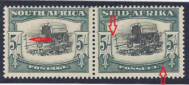 Union 1944 5/- with three varieties fine mint. SACC 62av/UHB 52 V5/6/ano. See below.