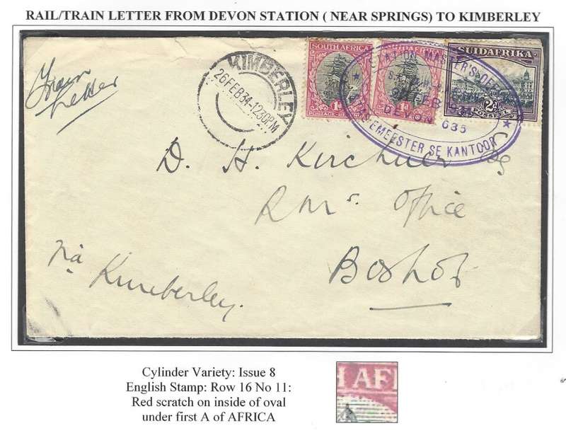 Union 1933 Rare Roto Issue 8 Train Letter Devon Station/Boshof with cylinder variety. See below...