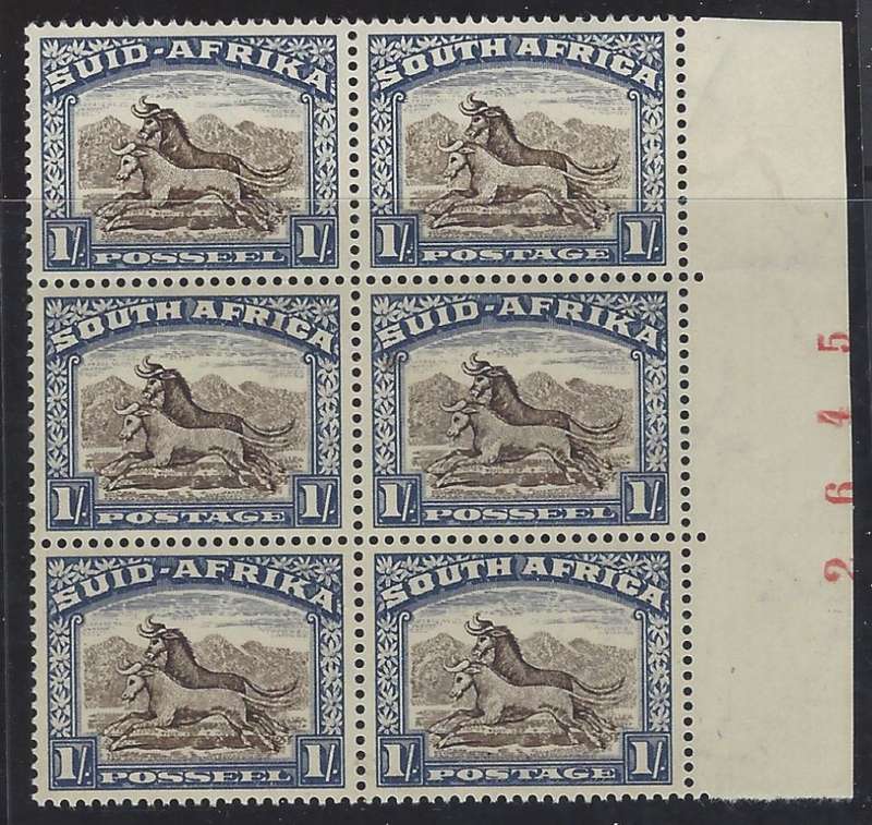 Union 1950 Scarce SACC 119a 1s block with red sheet number. Superb MNH. See below.