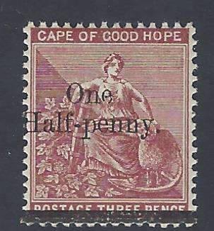 Cape 1882 1/2 d on 3d deep claret superb MNH. SACC 42/SG 47. See below.