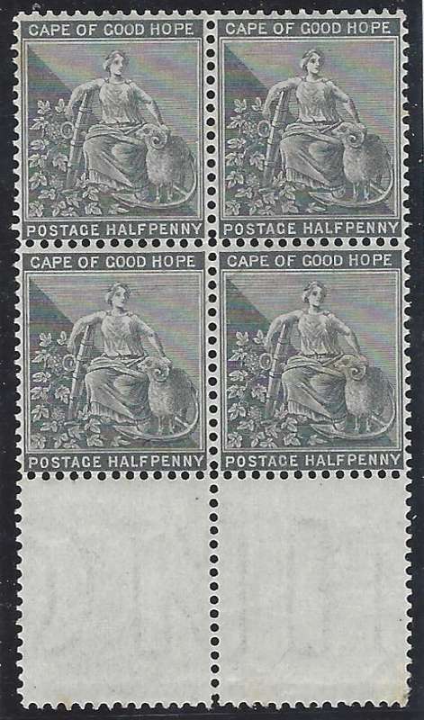 Cape 1871/6 Block with bottom gutter & printers wmk. VFM/MNH. SACC 23a. See below.