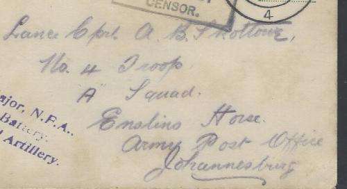 SWA (SA Occupation) 1914 "ARMY BASE P.O. / 4 / ..." & ".. BASE 4 / PASSED BY CENSOR" postcard.