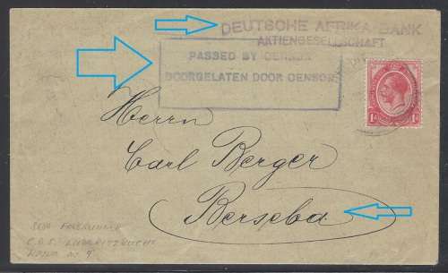 SWA (WWI Union Occupation) 1916 LUDERITZBUCHT/KEETMANSHOOP Censored cover. See below.