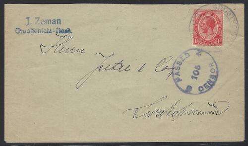 SWA (WWI Union Occupation) 1916 GROOTFONTEIN/KARIBIB/SWAKOPMUND Censored cover. See below.