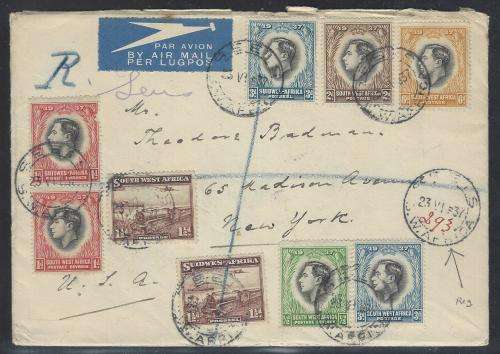 SWA 1937 Scarce regd. letter SEEIS/NEW YORK hitherto unseen Regd. manuscript notation. See below.