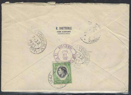 SWA 1937 Scarce regd. letter SEEIS/NEW YORK hitherto unseen Regd. manuscript notation. See below.