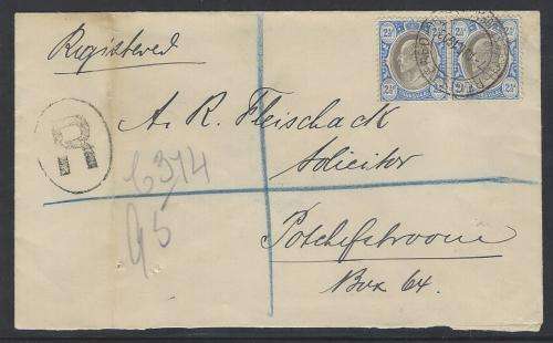 Transvaal: Jbg sub-offices 1903 ("RRR") "REGISTERED FRASER ST. JOHANNESBURG" to POTCHEFSTROOM.
