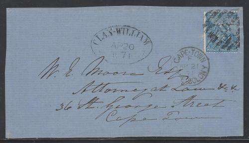 Cape Rarity: 1871 manuscript TROE TROE (Lower Olifants River?)/CLANWILLIAM/CAPE TOWN front.