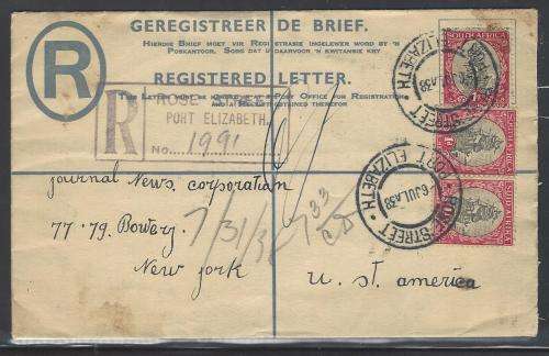 Union 1938 Regd. cover ROSE STREET, PORT ELIZABETH/NEW YORK & UNRECORDED REG. CAHET. See below.
