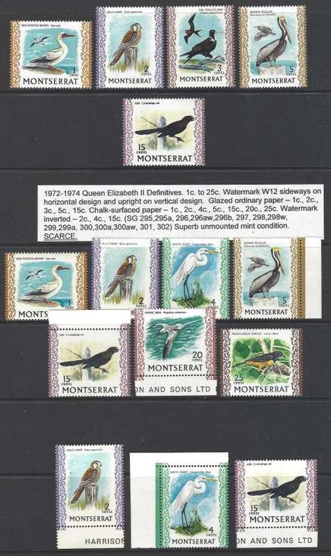 Montserrat 1972/4 QE II Birds: Glazed & Chalky papers, INVERTED WATERMARKS. Superb MNH. See below.