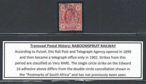 Transvaal Postal History: Rare "NABOOMSPRUIT RAILWAY" postmark. See below.