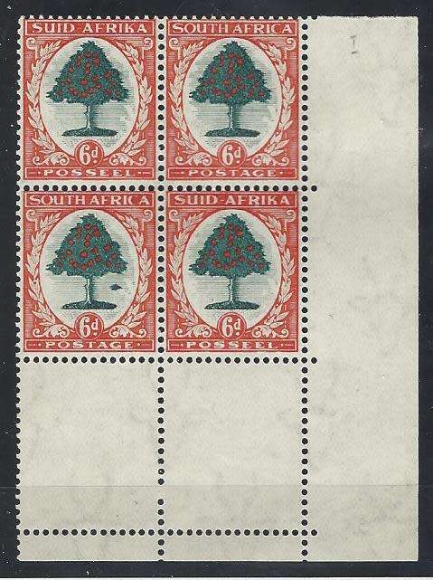 Union 1937 SACC 60 corner block with `MOLEHILL FLAW` MNH (UHB49 V4) SG 61b See below