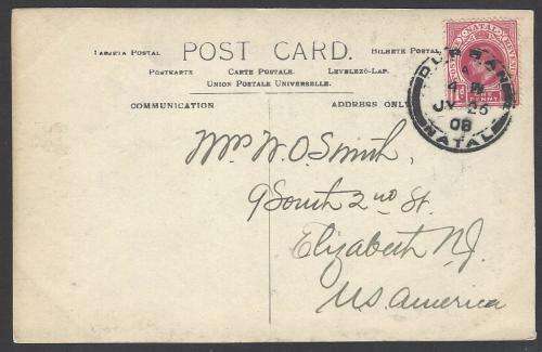 Natal: 1908 Historic postcard from DURBAN to USA. See below.