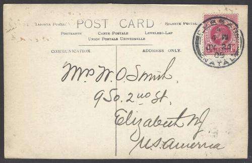 Natal: 1908 Historic postcard from DURBAN to USA. See below.