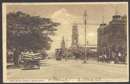 Natal: 1908 Historic postcard from DURBAN to USA. See below.