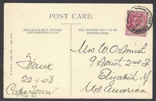 Cape: 1908 Historic postcard from KLOOF ST. CAPE TOWN to the USA. See below.
