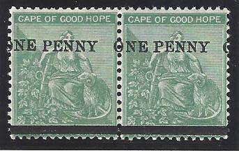 Cape 1874/6 Scarce ONE PENNY shifted surcharge on 1/- superb mint pair. SACC 28/SG 33.