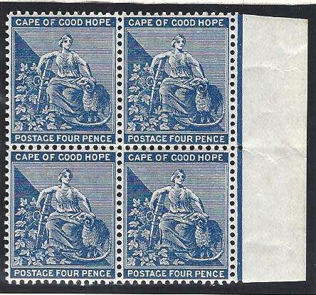 Cape 1884/90 SACC 46a MNH right marginal block of 4. See below.