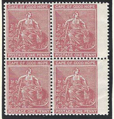 Cape 1871/6 1d deep carmine block of 4 wing margin VFM/MNH. SACC 24a. See below.