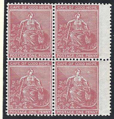 Cape 1871/6 1d deep carmine block of 4 wing margin VFM/MNH. SACC 24a. See below.