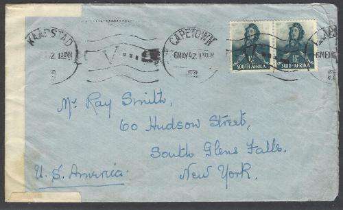 Union 1942 Censored cover CAPE TOWN to SOUTH GLENS FALLS, NEW YORK, USA. See below.