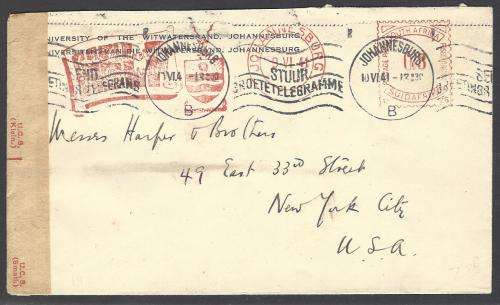 Union 1941 Censored machine-franked (no stamps) cover JOHANNESBURG to NEW YORK, USA. See below.