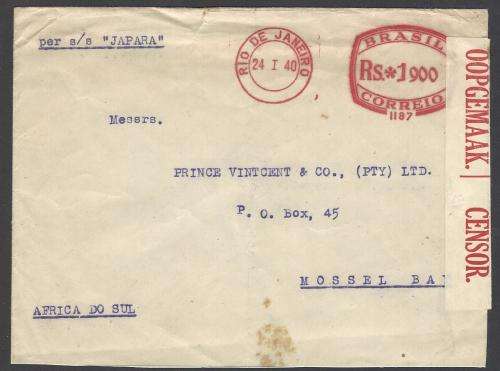 Union 1940 Scarce Incoming Censored cover RIO DE JANEIRO to MOSSEL BAY carried on `SS JAPARA`.