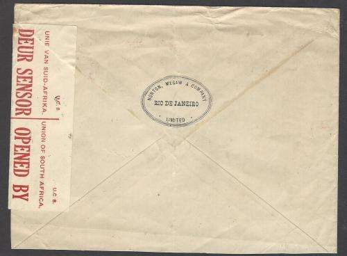 Union 1940 Scarce Incoming Censored cover RIO DE JANEIRO to MOSSEL BAY carried on `SS JAPARA`.