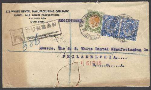 Union postal history: 1919 Registered cover DURBAN to PHILADELPHIA. See below.