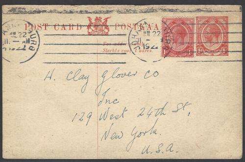 Union postal history: 1922 uprated postcard JOHANNESBURG to NEW YORK. See below.