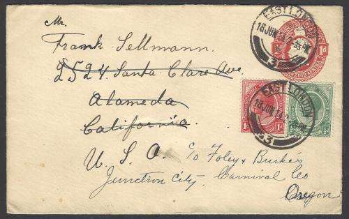 Union postal history 1924 uprated and redirected p/s cover EAST LONDON/CALIFORNIA/OREGON. See below.