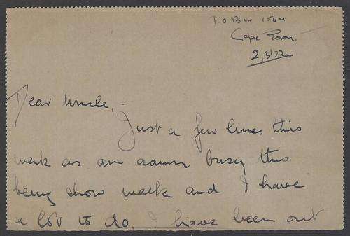 Union postal history 1922 severed letter card CAPE TOWN to CHICAGO, ILLINOIS. See below.