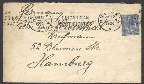 Union postal history 1924 cover PRETORIA to HAMBURG, GERMANY. See below.