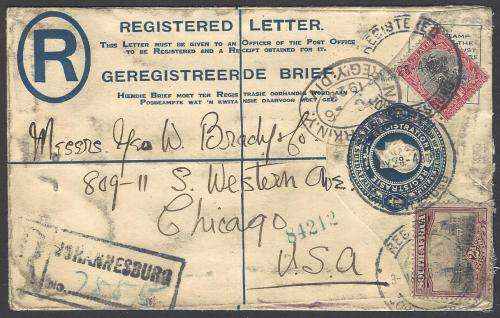 Union 1928 registered uprated (London and Pta ptgs) p/s envelope JOHANNESBURG to CHICAGO. See below.