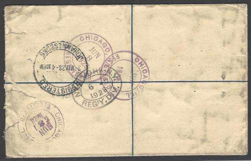 Union 1928 registered uprated (London and Pta ptgs) p/s envelope JOHANNESBURG to CHICAGO. See below.