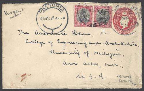Union 1929 uprated Pretoria printing p/s envelope PRETORIA/ANN ARBOR, MICHIGAN. Scarce. See below.