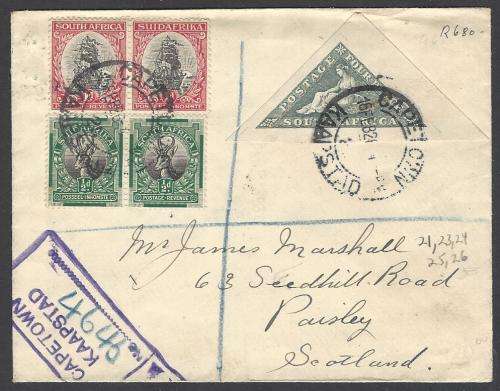 Union 1926 Registered London Printings cover CAPE TOWN to PAISLEY, SCOTLAND. Scarce. See below.