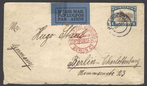 Union 1934 Air mail cover BRANDFORT to BERLIN with `Berlin C2 / Luftpost` cachet. See below.