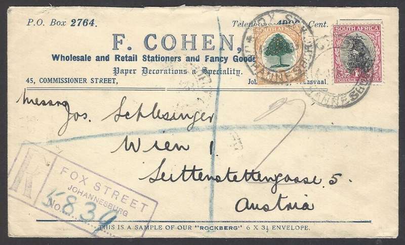Union postal history: 1933 registered cover FOX ST., JOHANNESBURG to VIENNA . See below.