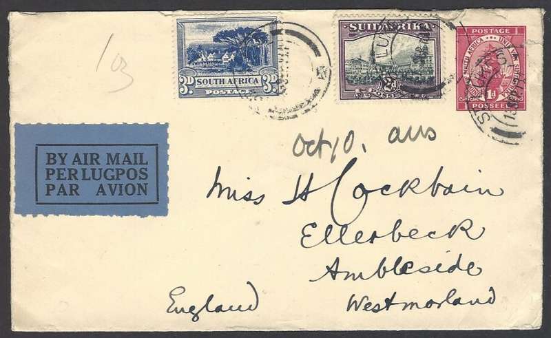 Union postal history: 1934 Air Mail cover ST. LUKES to WESTMORLAND, UK . See below.