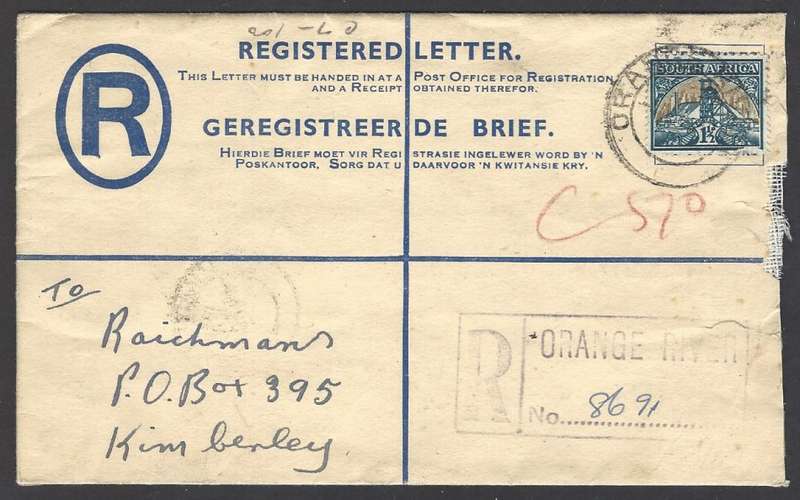 Union postal history: 1949 uprated registered  p/s envelope ORANGE RIVER to KIMBERLEY.. See below.