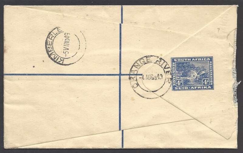 Union postal history: 1949 uprated registered  p/s envelope ORANGE RIVER to KIMBERLEY.. See below.