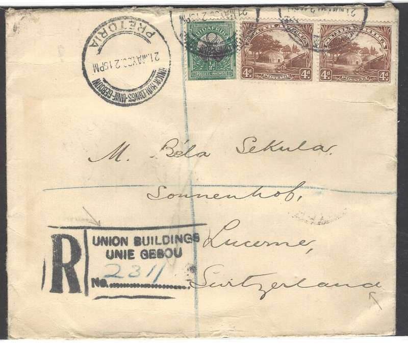 Union postal history: 1930 registered cover UNION BUILDINGS to SWITZERLAND. See below.