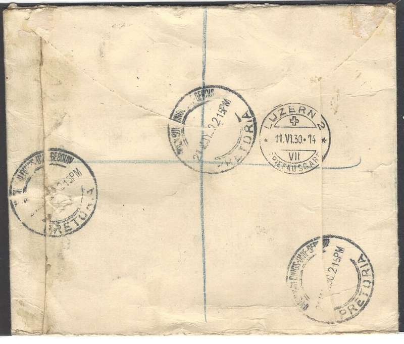 Union postal history: 1930 registered cover UNION BUILDINGS to SWITZERLAND. See below.