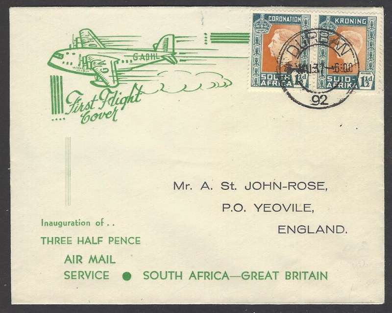 Union: 1937 First Flight Air Mail cover DURBAN to YEOVILE, ENGLAND. See below.