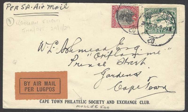 Union: 1929 Air Mail cover JOHANNESBURG to CAPE TOWN. See below.