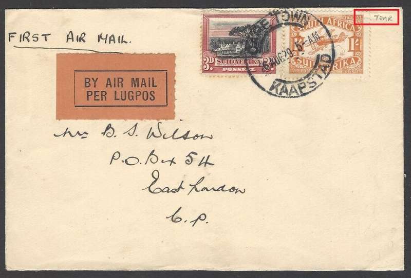 Union: 1929 First Air Mail cover CAPE TOWN to EAST LONDON. See below.